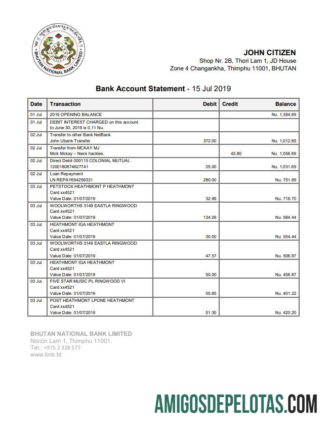 Bhutan National modelo de extrato bancário